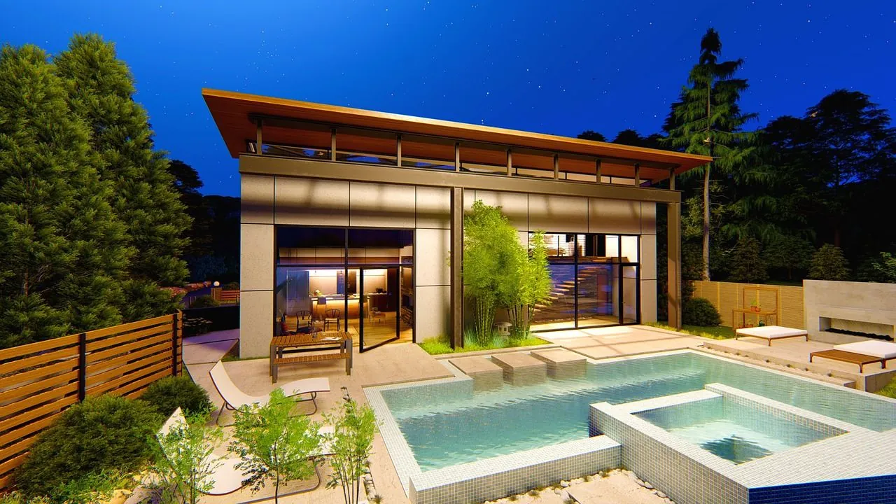 Havuzlu modern villa ve teras, gün batımı sonrası aydınlatma